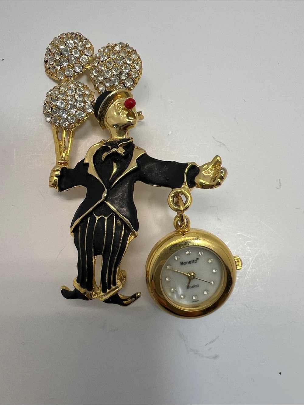 Whimsical Clown Pin with Pocket Watch - Gold & Black
